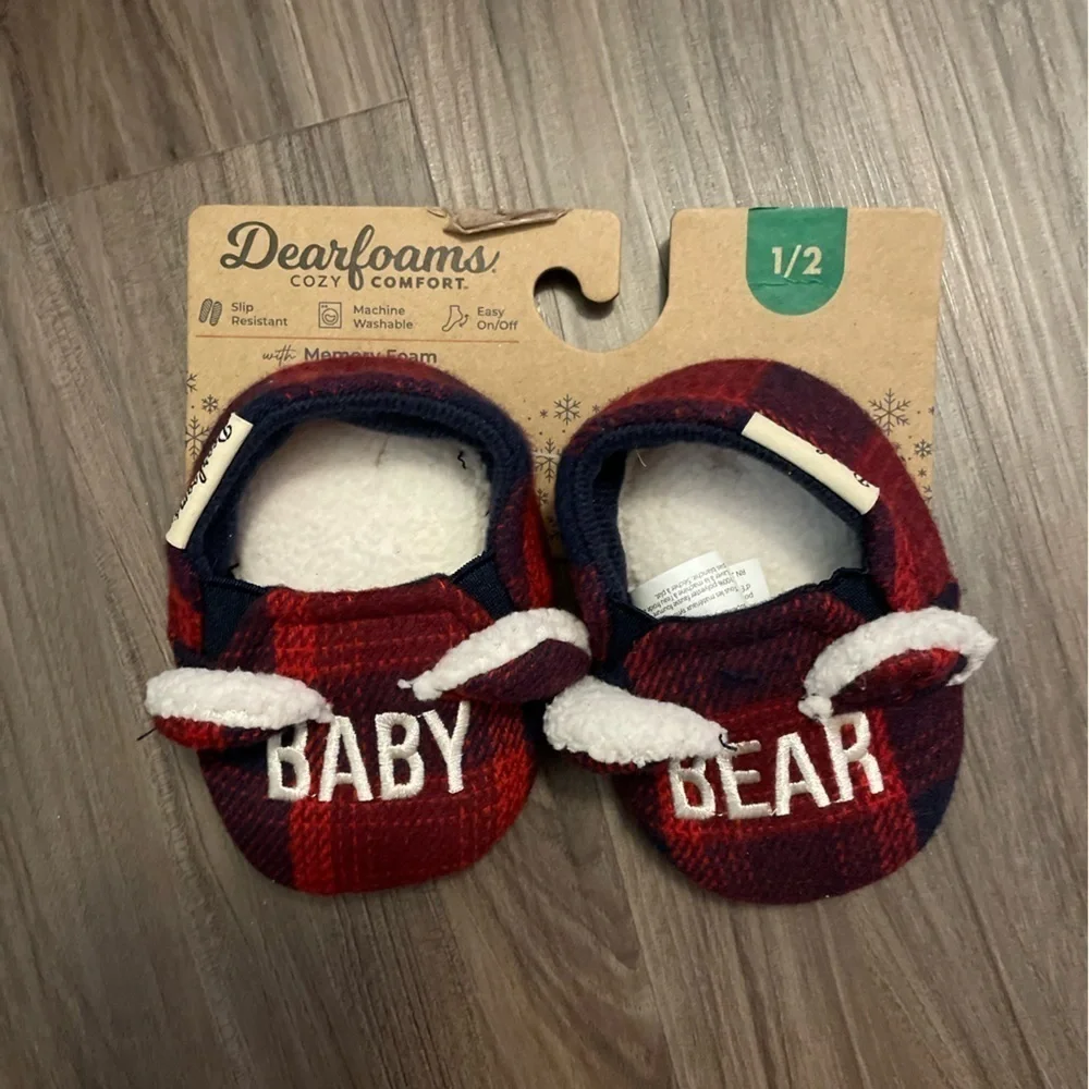 Dearfoams Red Plaid Babybear slippers size 1/2
